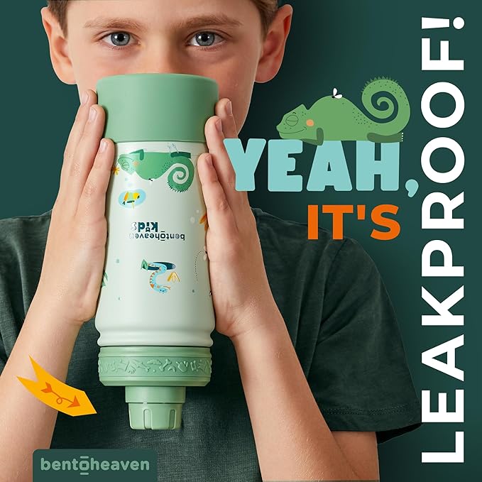 Bentoheaven Kids Water Bottle Stainless Steel for Boys & Girls, 2 Lids (Chug & Straw), Handle & Silicone Boot, Reusable Metal Leak-proof Insulated Tumbler, School & Sports 17oz (Green) - Bloomnest