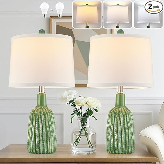 GRUENLICH Ceramic Table Lamp Set of 2 for Nightstand, 22.5" Modern Green Bedside Lamp with 3 Adjustable Color Temperature, Bedroom Lamp for Living Room Desk End Table Office (2 LED Bulbs Included) - Bloomnest