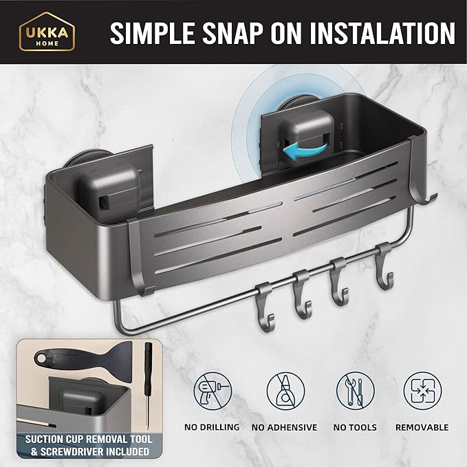 Suction Cup SQUARE Shower Caddy with Hooks and Towel Bar for Bathroom. Aluminum, Reusable, Rustproof, No Drill, No Tools, No Glue. Multifunctional, Hang Towel, Loofah, Sponge (2 Pack, Gray) - Bloomnest