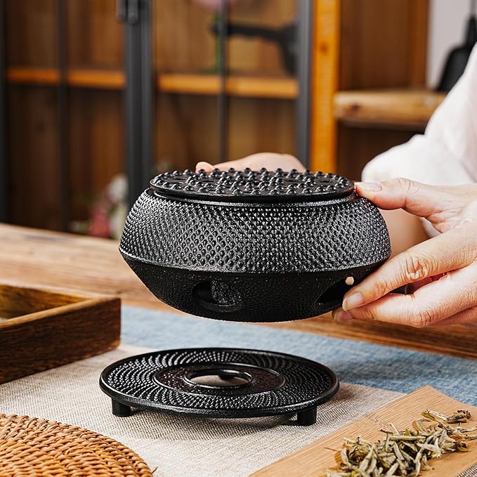 Sungmor Black Cast Iron Teapot Warmer - Japanese Tea Heater Base with Candle Holder, Heat Retaining Stand for Tetsubin or Glass & Ceramic Teapots - Bloomnest