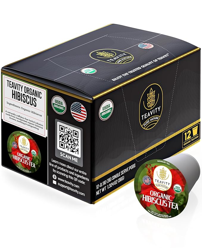Organic Hibiscus Sabdariffa Tea Organic Naturally Decaf Tea Pods for Keurig by Teavity (12 Tea Pods) - Bloomnest