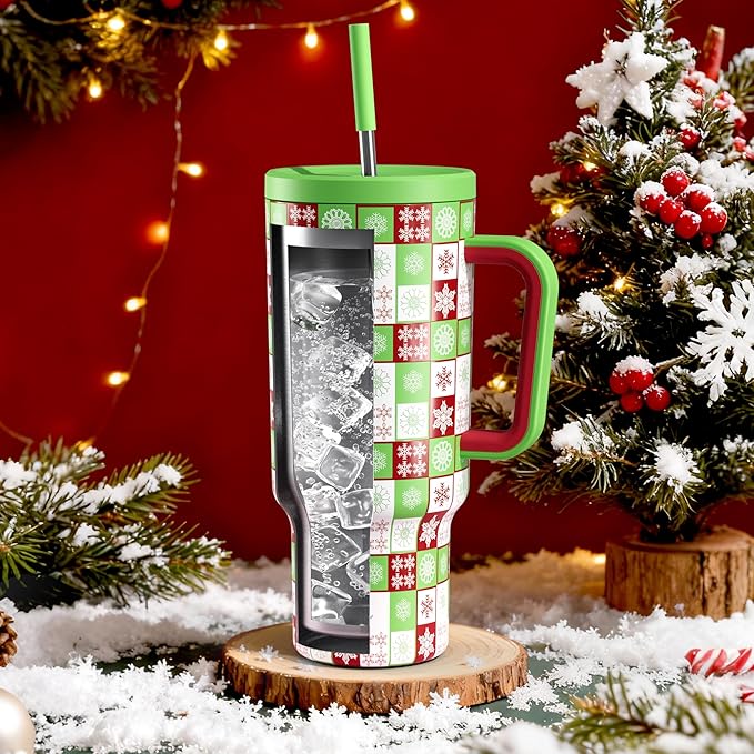 Meoky 40 oz Christmas Tumbler with Handle and Straw, Xmas Tumbler with Lid and Straw, Insulated Stainless Steel Travel Mug, Christmas Gifts for Women Men Adults (Holly Check) - Bloomnest
