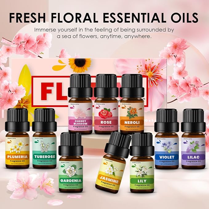 Floral Essential Oils, INWICOPH Flower Fragrance Oil for Candle Making - Rose, Jasmine, Neroli, Gardenia, Lilac, Plumeria and More, Aromatherapy Oils for Diffusers for Home - Bloomnest