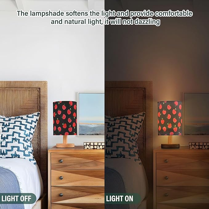 Table Lamp Watercolor Red Apple Pattern Black Nightstand Lamp with Wood Base Fabric Lamp Shade Bedside Desk Lamp for Living Room Bedroom Kids Room Office - Bloomnest