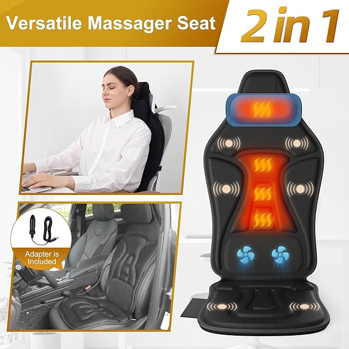 Back Massager with Heat for Pain Relief Deep Tissue, Portable Chair Massager Seat Cushion with Vibration Massage, Back Massage Chair Pad with Optional Cooling, Gifts for Dad Men Women Home Office Use - Bloomnest