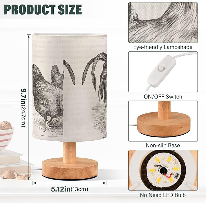 Table Lamp Retro Vintage Rooster Chicken Nightstand Lamp with Wood Base Fabric Lamp Shade Bedside Desk Lamp for Living Room Bedroom Kids Room Office - Bloomnest