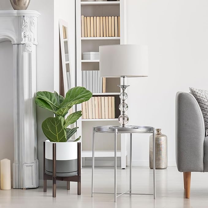 D'vine Dev Ceramic Planter with Walnut Color Stand - 10 Inch Modern Round Flower Pot with Wood Planter Holder, White/Grey, 55-B-X-6 - Bloomnest