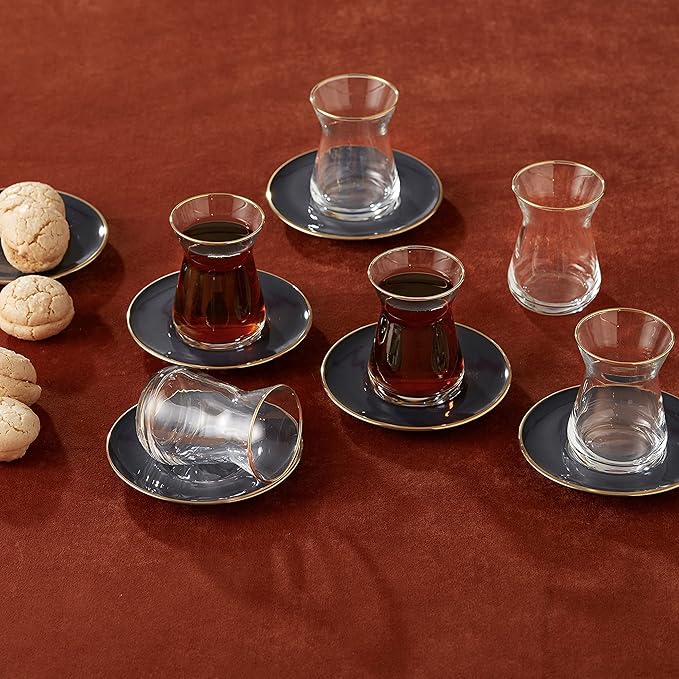 KARACA Retro Anthracite Tea Set for 6, 6 Turkish Tea Glasses, 12 Pcs, Gold Decal Details - Bloomnest