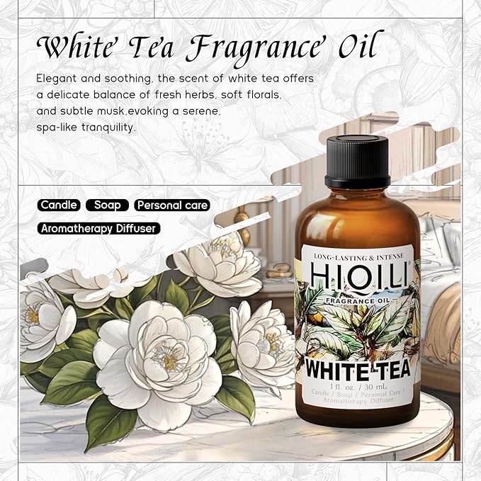 HIQILI White Tea Fragrance Oil for Essential Oil Diffuser, DIY Candle & Soap Making, Blend to Perfume & Air Freshener Spray - 1 Fl Oz HIQILI