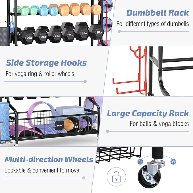 PLKOW Dumbbell Rack, Weight Rack for Dumbbells, Home Gym Storage for Dumbbells Kettlebells Yoga Mat and Balls, All in One Workout Storage with Wheels and Hooks, Powder Coated Finish Steel - Bloomnest