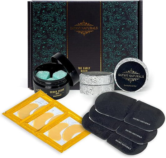 Spa Gift Set for Women – Eucalyptus Mint Aromatherapy Shower Steamers, Sugar Scrub, 24K Gold Eye Masks & Steam Eye Mask | Self Care & Relaxation Gift Box for Stress Relief at Home
