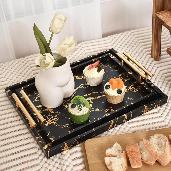 Modern Decorative Tray Set of 2 - Black and Gold Marble Wood Serving Tray with Gold Polished Metal Handles for Ottoman, Coffee Table, and More - Bloomnest