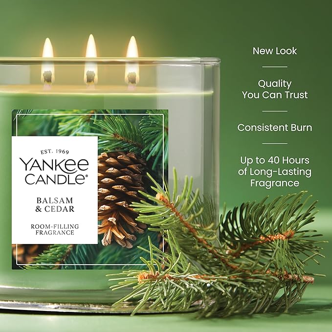 Yankee Candle Balsam and Cedar, Fall Scented Candle, 14.5oz 3-Wick Candle Jar with up to 40 Hours Burn Time, Giftable, Holiday - Bloomnest