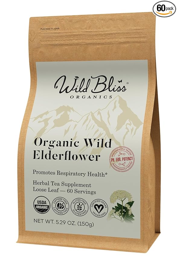 Wild Bliss Organic Elderflower Tea – Immune and Respiratory Support - Caffeine Free Loose Leaf Elder Flowers - 5.29 Ounces - 60 Servings - Bloomnest