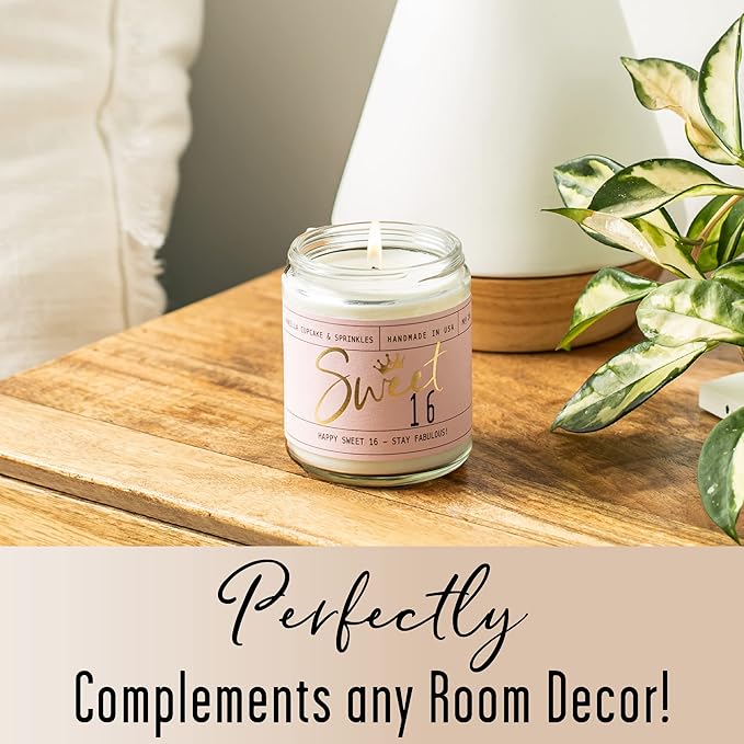 Sweet 16 Gifts for Girls - 'Sweet 16' Soy Candle, w/Vanilla Cupcake & Sprinkles I 16th Birthday Gifts for Girls I Sweet Sixteen Gifts for Girls I 9oz Reusable Jar, 50Hr Burn, Made in USA - Bloomnest