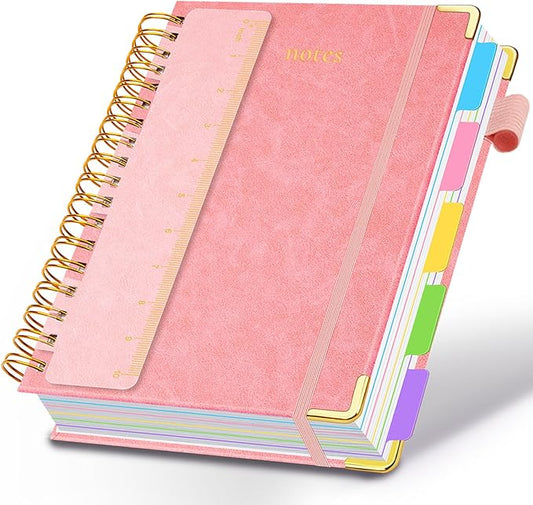 Hardcover Spiral Notebook 8.5"x11" Journal Notebook with Tabs and Removable Dividers 300 Pages 5 Subject Notebook College Ruled, Faux Leather Spiral Bound Notebook for Women School Work(Pink) - Bloomnest