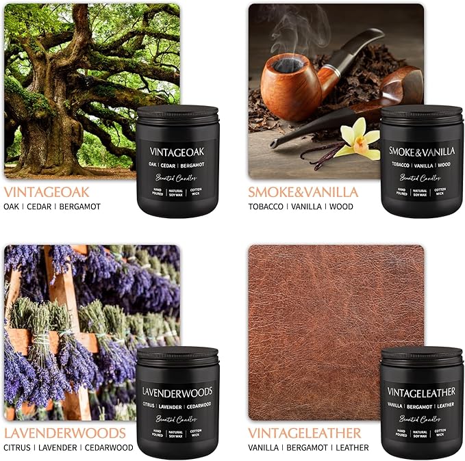 Scented Candles Gift Set - 4 Pack (7oz Each) Soy Wax Aromatherapy Candles with Essential Oils, Smokeless - Leather & Smoke, Vanilla Oakmoss, Lavender - Relaxing Fragrance for Home, Office, Yoga - Bloomnest