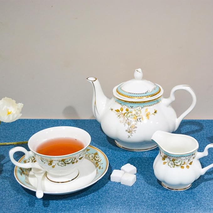 Bone China Tea Set, 21-Pieces Porcelain Tea Set for Adults, Tea Cups And Saucers for 6, with Teapot, Spoons, Sugar Bowl, Creamer Pitcher, Vintage Tea Set for Women Tea Party (Green) - Bloomnest