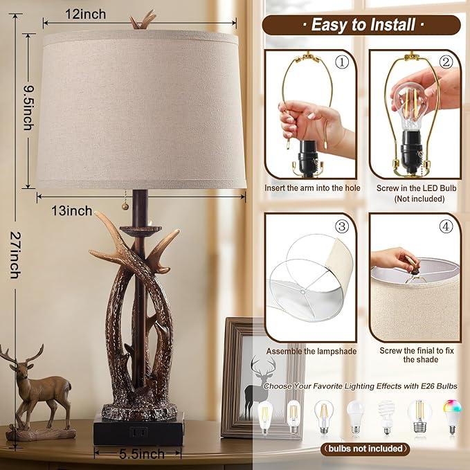 Farmhouse Deer Antler Table Lamps Set of 2 Rustic Western Bedside Lamp with USB A+C & Outlet Vintage Nightstand Lamps for Log Cabin Bedroom Hunting Themed Living Room End Table Cottage Home Decor - Bloomnest