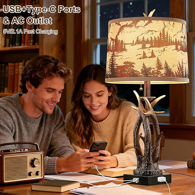 Rustic Farmhouse Antler Table Lamp Set of 2 with USB A+C Ports & AC Outlet Linen Fabric Deer Print Round Shade 27" Bedside Lamp for Living Room Bedroom Cabin Lodge Décor, Pull Chain Deer Antler Lamp - Bloomnest