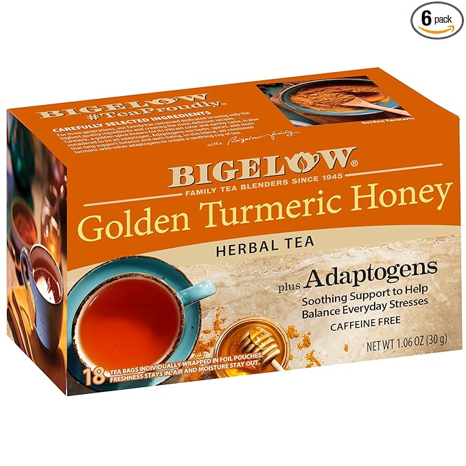 Bigelow Tea Golden Turmeric Honey plus Adaptogens, 18 Count (Pack of 6), 108 Total Tea Bags - Bloomnest