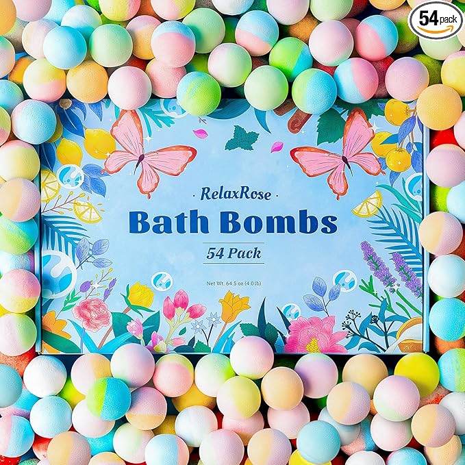 54 Pack Handmade Bath Bombs – 11 Vibrant Colors & 9 Unique Scents, Long-Lasting Fizzy Bubbles & Colorful Magic, 7-Minute Dissolve for Relaxation, Perfect for Birthdays & Summer Self-Care - Bloomnest