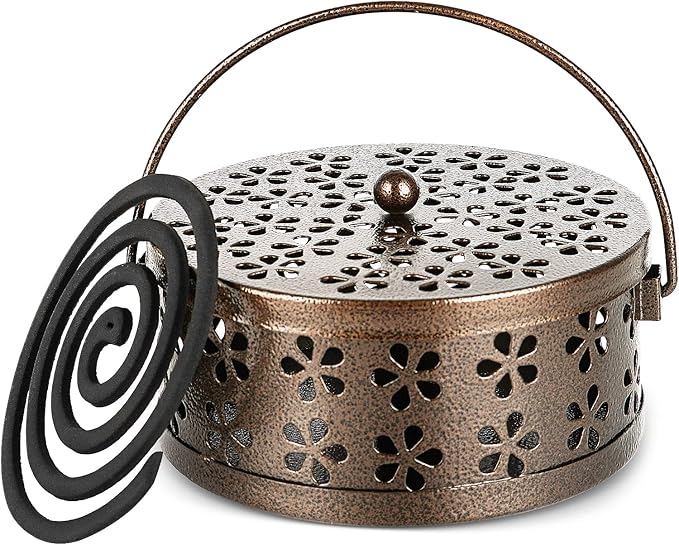 Portable Iron Mosquito Coil Holder with Handle Round Heat-Resistant Incense Holder (Bronze) - Bloomnest