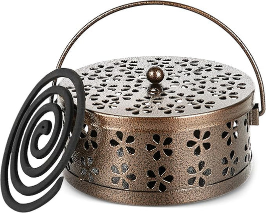 Portable Iron Mosquito Coil Holder with Handle Round Heat-Resistant Incense Holder (Bronze) - Bloomnest