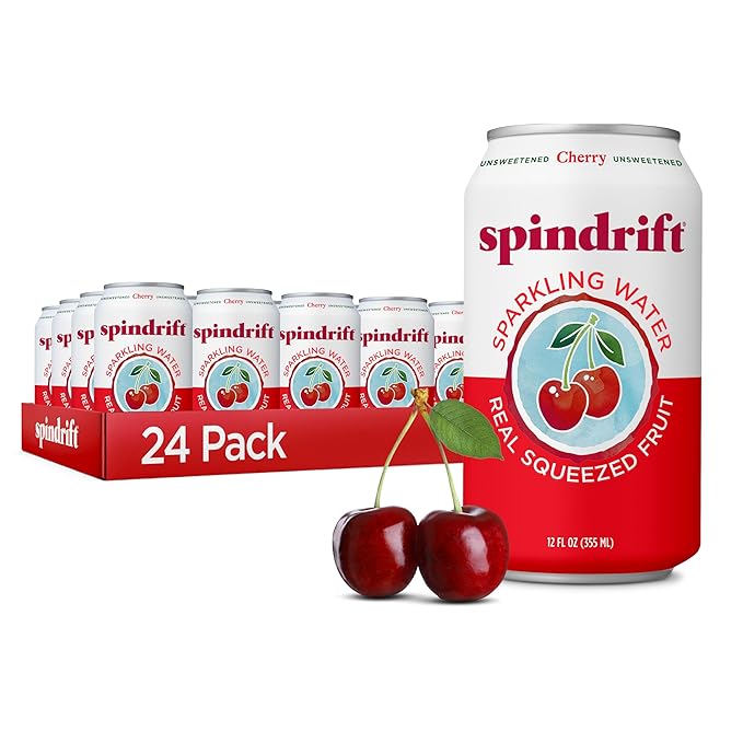 Spindrift Sparkling Water, Cherry Flavored, Made with Real Squeezed Fruit, 12 Fl Oz Cans, Pack of 24 (Only 21 Calories per Can) - Bloomnest