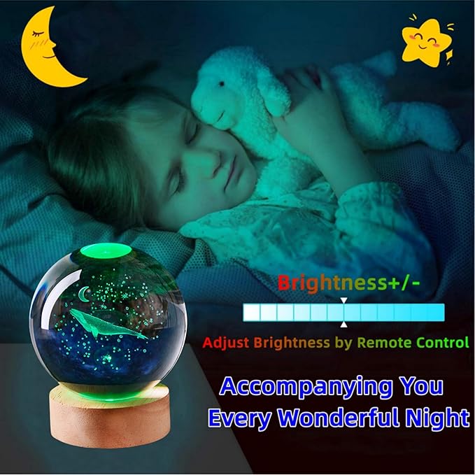 3D Large Whale Crystal Ball Night Light with Wooden Base, Underwater World Crystal Lamp Gift for Kids Wife Friends, 16 Color Changing with Remote Control, 3.15 inch Glass Ball Lamp (Whale) - Bloomnest