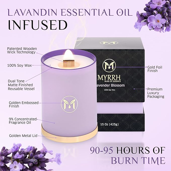 MyrrhUSA Lavender Blossom Scented Candle – 15oz Natural Soy Wax with Crackling Wooden Wick & Essential Oil, 80 Hour Burn | Luxury Aromatherapy Candle for Relaxation, Home Décor, Living Room & Bathroom - Bloomnest
