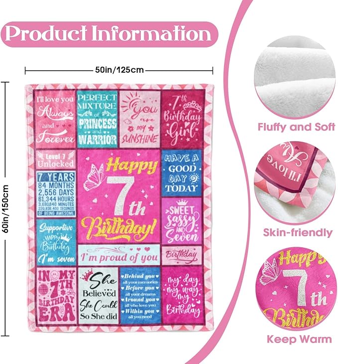 7 Year Old Girl Birthday Gifts Idea, Gifts for 7 Year Old Girls, Birthday Gifts for 7 Year Old Girls, 7th Birthday Gifts for Girls, 7th Birthday Decorations for Girls, Stuff for Girls Blanket 50"X60" - Bloomnest