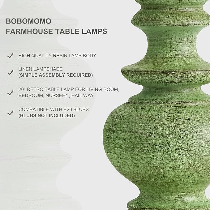 BOBOMOMO 20" Sage Green Table Lamps Set of 2 – Farmhouse Resin Bedside Lamps with Linen Shades, Handcrafted Traditional Rustic Lamp for Bedroom, Living Room, or Corner – Ideal for Small Spaces - Bloomnest