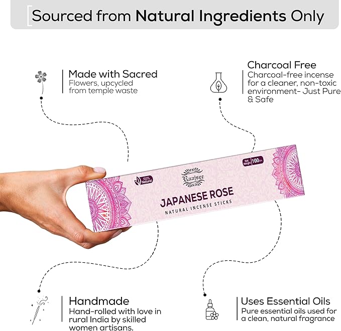 Raajsee Japanese Rose Incense Sticks (180 gm), 100% Pure Organic Natural Hand Rolled Free from Chemicals- Perfect for Aromatherapy, Cleansing, Meditation, and Church (Pack of 12) - Bloomnest