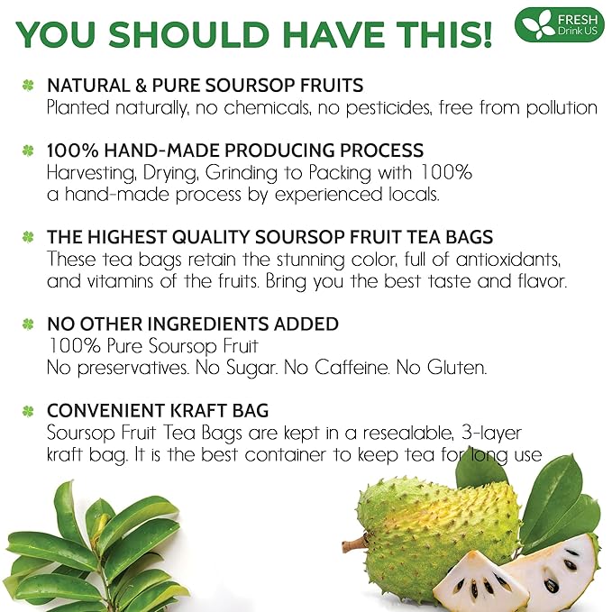 FreshDrinkUS, 60 Premium Soursop Graviola Fruit Tea Bags, 100% Natural and Pure from Soursop Fruits, Made With Natural Materials-Corn Fiber Tea Bag, Sugar/Caffeine/Gluten Free, Hoja Guanabana Tea - Bloomnest