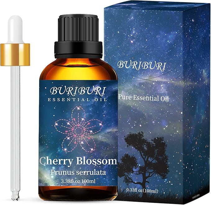 BURIBURI Cherry Blossom Essential Oil for Aromatherapy Diffuser, Skin, 100% Pure Cherry Blossom Oil 100ML for Candle, Soap, Perfume Making Cherry Fragrance Oil 3.38fl.oz BURIBURI