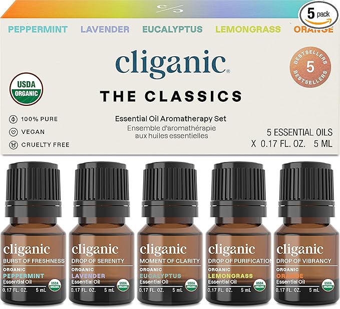 Cliganic Organic Essential Oils Set (Top 5 - The Classics) - 100% Pure Natural - Aromatherapy, Candle Making - Peppermint, Lavender, Eucalyptus, Lemongrass & Orange - Bloomnest