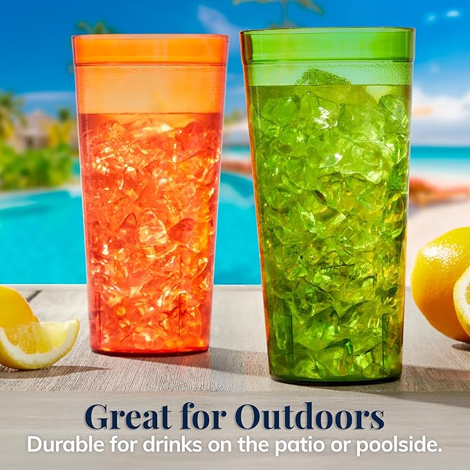 US Acrylic Café Plastic Reusable Tumblers (Set of 12) 32-ounce Iced-Tea Cups, Assorted | Value Set of Restaurant Style Drinking Glasses, Stackable, BPA-free, Made in the USA | Top-rack Dishwasher Safe - Bloomnest
