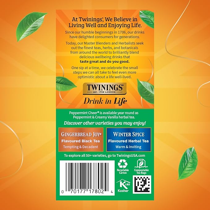 Twinings Peppermint Cheer Herbal Tea Individually Wrapped Bags, 20 Count (Pack of 1), Peppermint & Vanilla, Naturally Caffeine-Free, Enjoy Hot or Iced, 20 Teabags - Bloomnest
