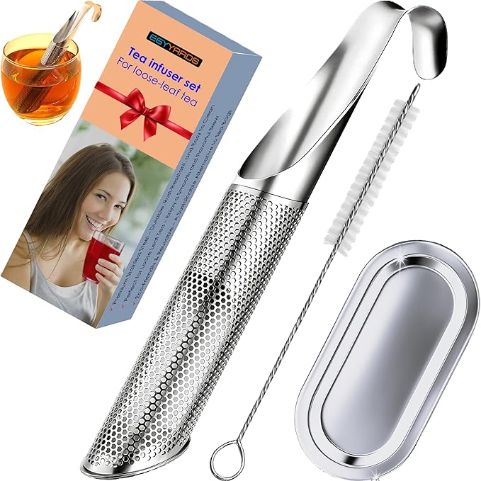 Complete 304 Stainless Steel Tea Infuser Set for Loose Leaf Tea – Food-Grade Fine Mesh Strainers with Long Handle, Hook, Drip Tray & Cleaning Brush for Single-Cup Brewing - Bloomnest