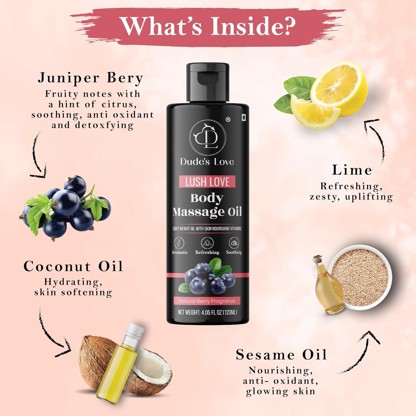 Organic - Berry Full Body Massage Oil - Revitalising, Detoxifying | No Stain & Non-Sticky | with Fractionated Coconut Oil, Lime & Juniper Berry Oil - 4.05 Fl Oz