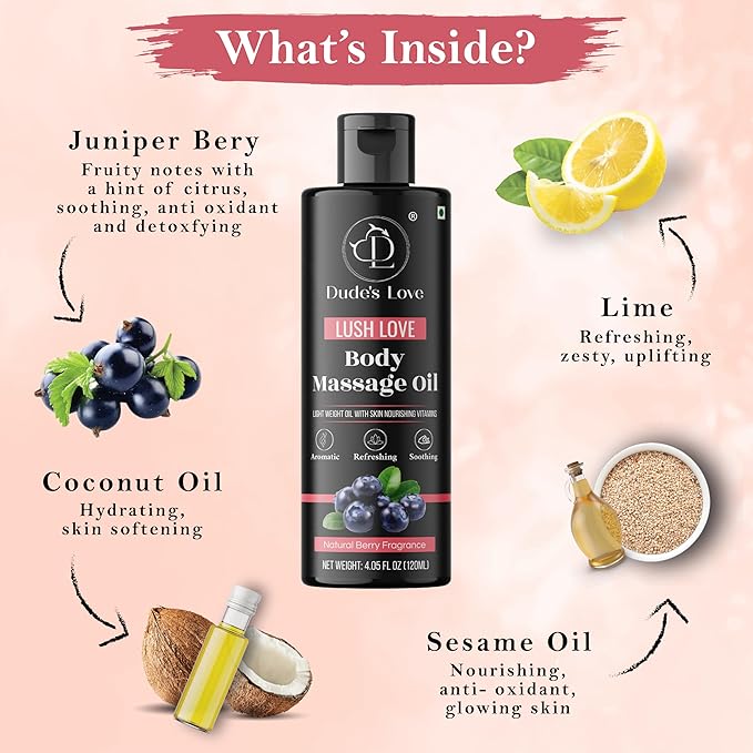 Organic - Berry Full Body Massage Oil - Revitalising, Detoxifying | No Stain & Non-Sticky | with Fractionated Coconut Oil, Lime & Juniper Berry Oil - 4.05 Fl Oz - Bloomnest