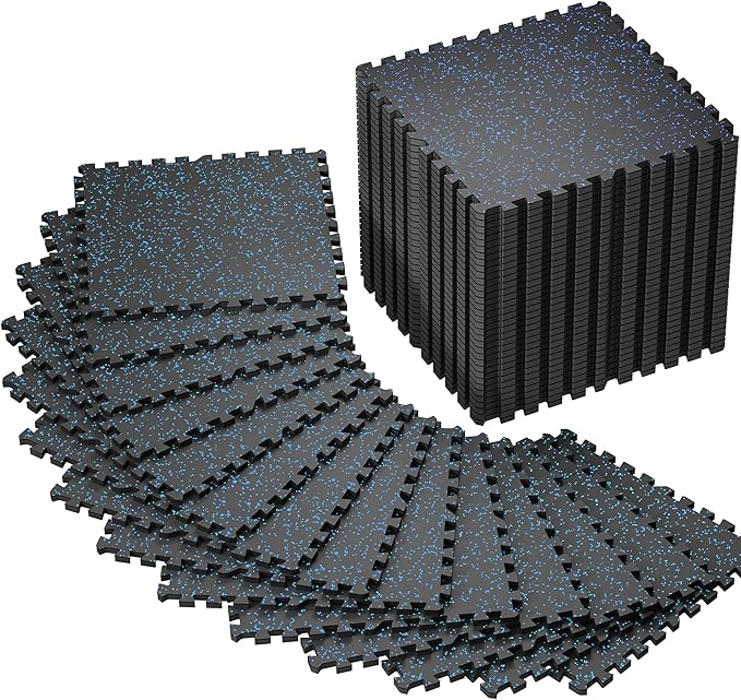 SUPERJARE 0.56'' Thick 48 Pcs 192 Sq Ft Rubber Top Exercise Equipment Mats, High Density EVA Foam Mats with Rubber Top, Interlocking Gym Flooring for Home Gym, Protective Workout Mat, Black/Blue - Bloomnest