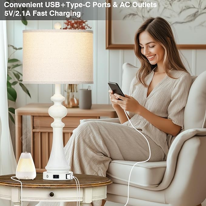 28" Farmhouse Lamps Set of 2 with USB A+C Fast Ports & AC Outlets, Vintage Rustic 3-Way Dimmable Touch Control Table Lamps, Rustic Traditional Bedside Nightstand Lamp for Living Room Bedroom White - Bloomnest