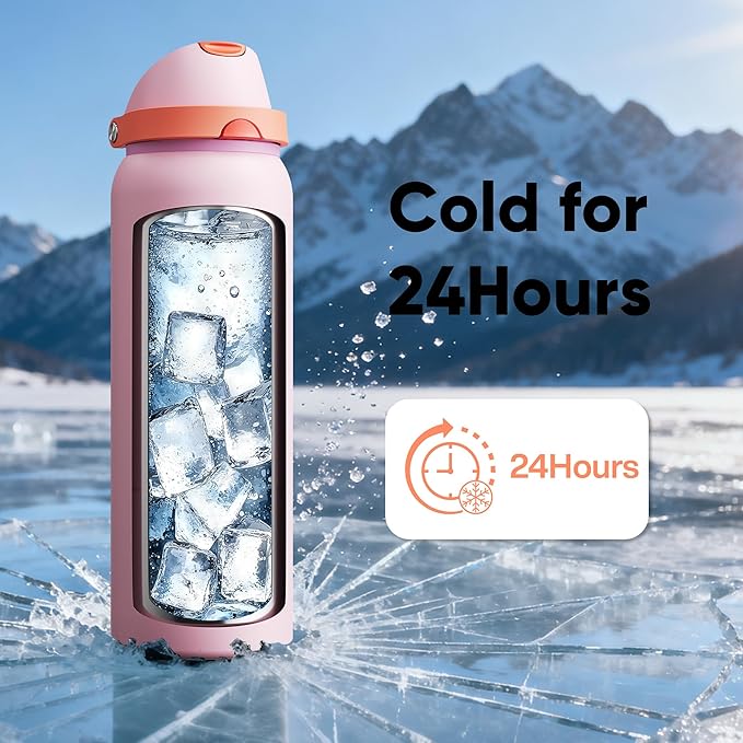 Insulated Water Bottle with Straw - Encool Stainless Steel Water Bottle with Push Button Lid, Leak-Proof & BPA-Free, Keeps Cold for 24 Hours for Sports, Travel, Gym (40 oz, Lily-Red) ENCOOL