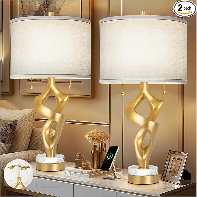 Scenekoy Sculptural Table lamp Set of 2 for Living Room with Marble Base & USB Ports, Gold Leaf Finish Rustic Bedside Lamps with S Cluster Pull Chains Switch, Nightstand Lamp for Office Hotel Bar - Bloomnest