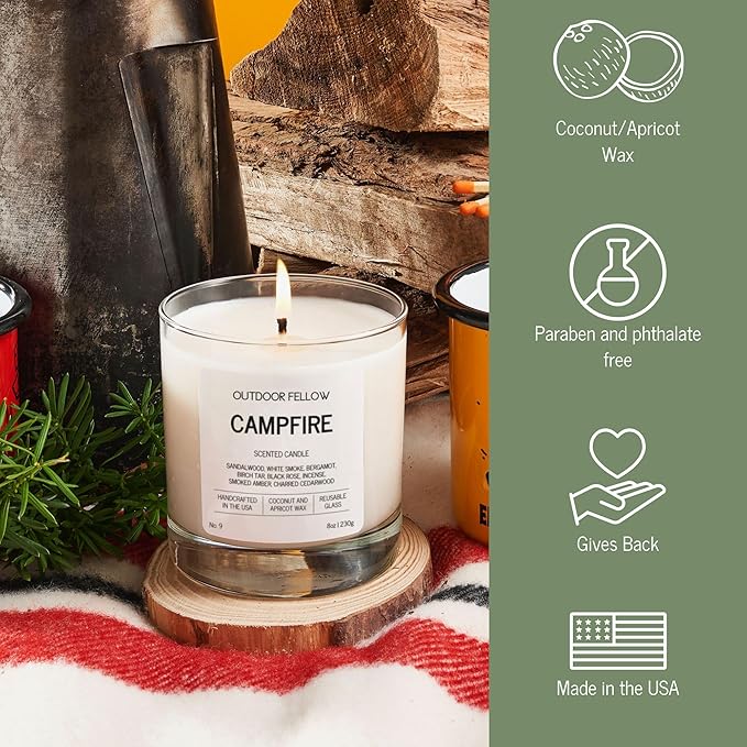 Outdoor Fellow Campfire Scented Candle, 8oz, Coconut & Apricot Wax Blend, Sandalwood, Smoked Amber, Charred Cedarwood, Reusable Glass, 40-50 Hour Burn Time - Bloomnest