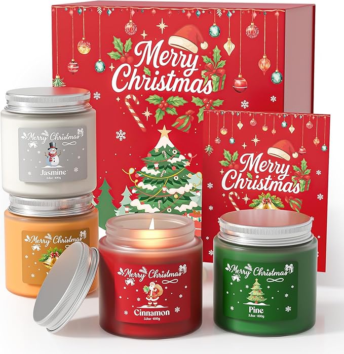 NORVENCE Christmas Candles, Scented Candle Gift Set of 4, Holiday Candles for Women and Men, Perfect Christmas Gifts for Women (Cinnamon, Pine, Vanilla, Jasmine, 14.4 oz) - Bloomnest
