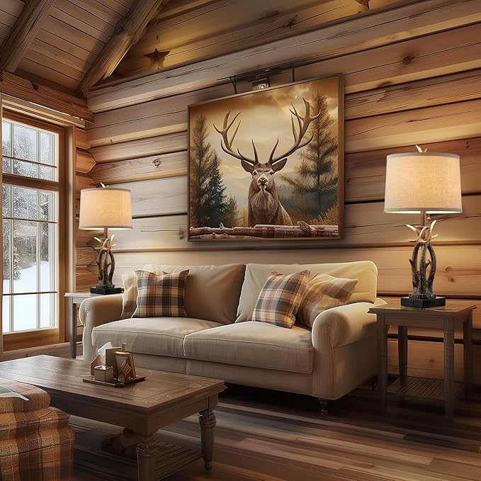 Farmhouse Deer Antler Table Lamps Set of 2 Rustic Western Bedside Lamp with USB A+C & Outlet Vintage Nightstand Lamps for Log Cabin Bedroom Hunting Themed Living Room End Table Cottage Home Decor - Bloomnest