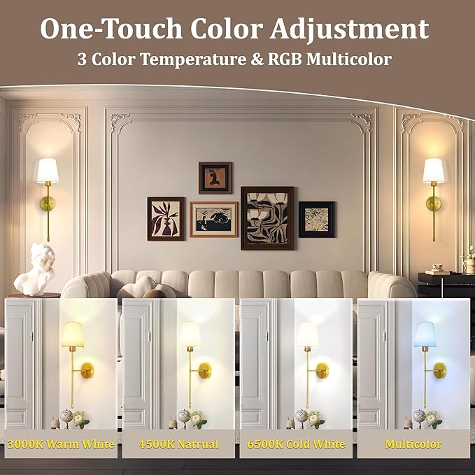 Battery Operated Wall Sconce Set of 2, 15 Colors Rechargeable Wall Lights with Dimmable Bulbs and Remote, Gold Wireless Wall Lamp for Living Room Hallway Bedroom - Bloomnest